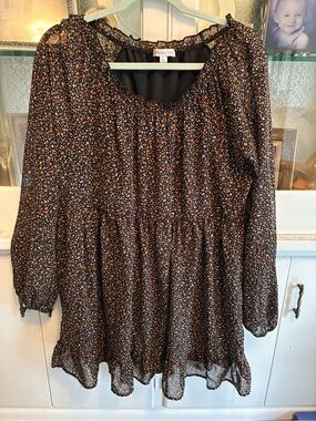 Ophelia Roe Sheer Black Floral Peasant Dress with Ruffle Hem Large